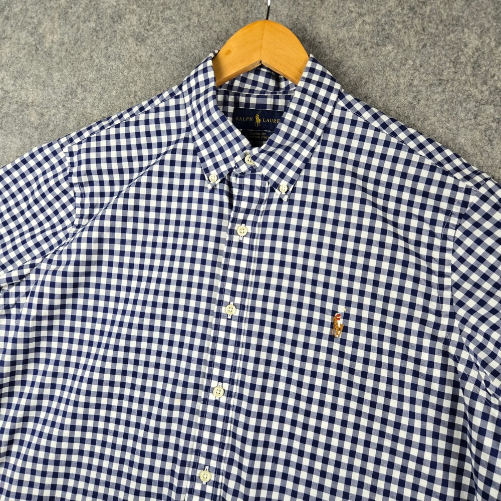 Ralph Lauren Shirt Mens Large Blue Gingham Classic Fit Short Sleeve Pony Logo
